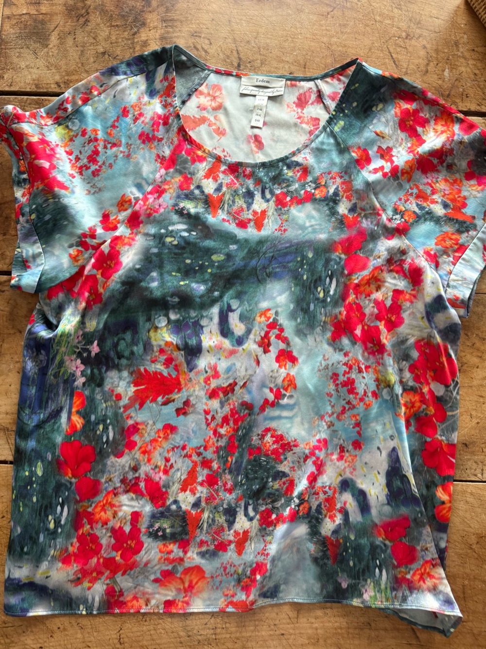 Erdem Floral Print Silk Blend Scoop Neck Top in Aqua and Red